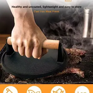 Striped BBQ Press Board, Non-Coated Cast Iron, Even Heating, Thickened Design, Wooden Handle, Easy Cleaning, Outdoor Grill Tool
