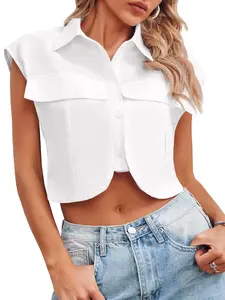 Tankaneo Womens Button Down Shirts Cute Summer Cap Sleeve Crop Tops Blouse