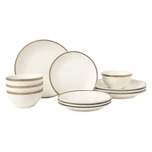 12-Piece Stoneware White Dinnerware Set, Everest Collection Cutlery Matte