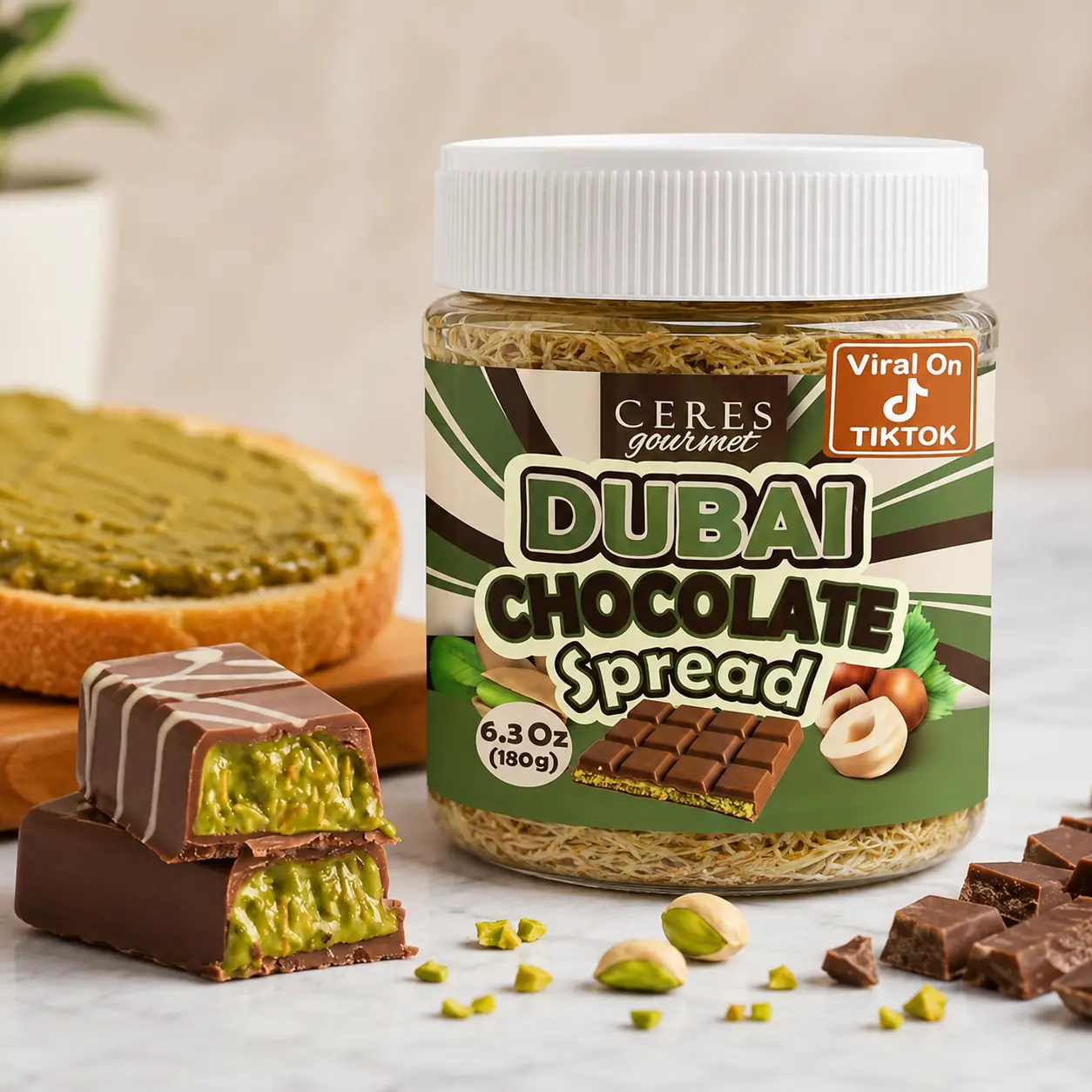 Dubai Chocolate Spread – 6.35 oz Jar with Pistachio, Kataifi & Gourmet Dubai Chocolate Filling for Pancakes, Breakfast, Snacks, and Desserts