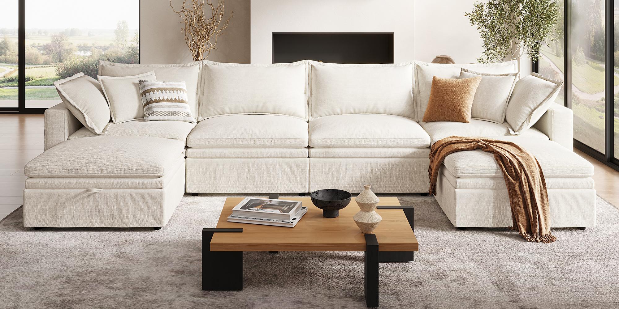 [2-3 Packages Shipping] 114.57-148.03" Cloud Couch, Oversized Modular Comfy Sofa for Living Room, L Shaped Sectional Couches with Detachable Sofa Cover, Storage Ottoman