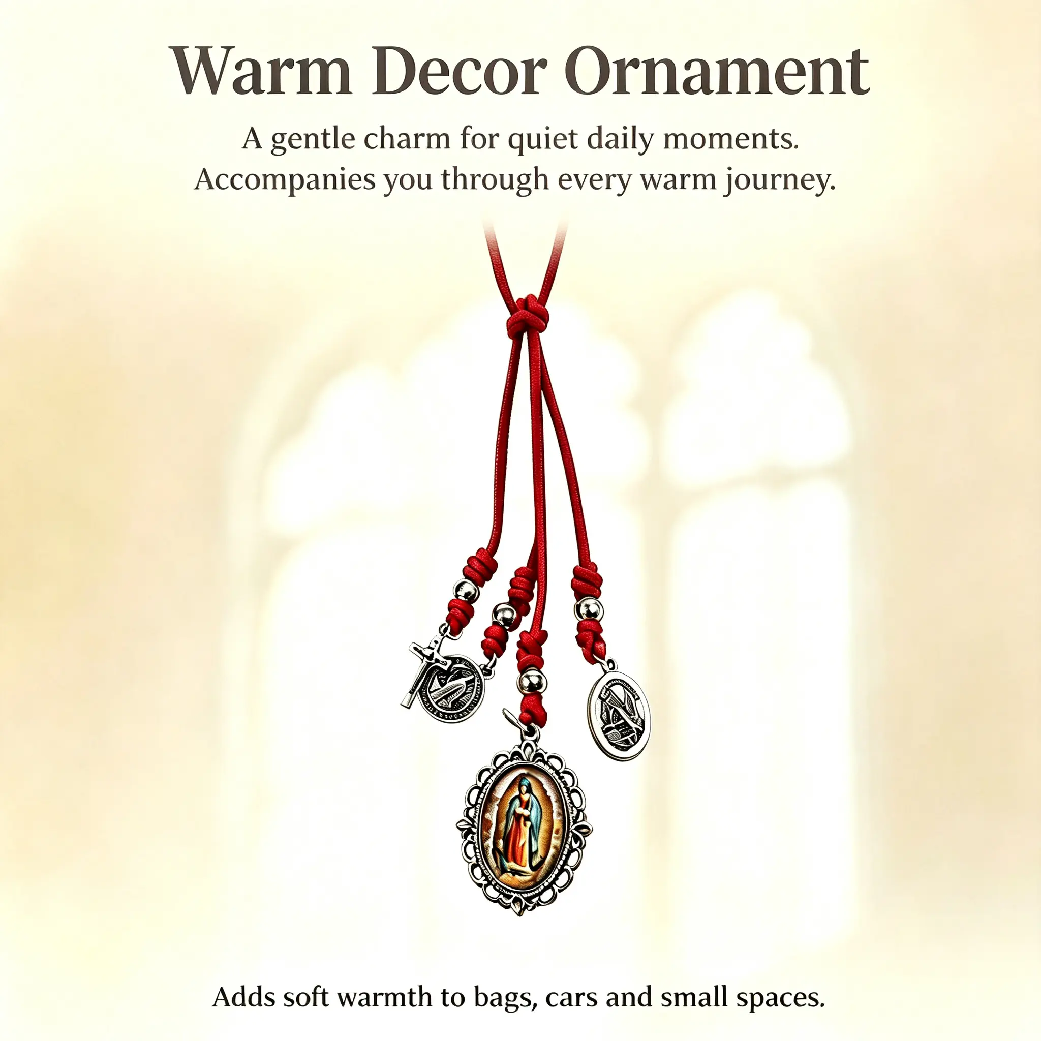 Handmade Red Cord Hanging Ornament with Cross, St.Benedict & Virgin Mary Pendants ,Ideal Religious Gift for Baptism & Holiday