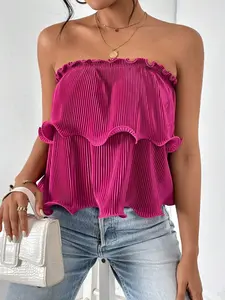 Striped Colorblock Frill Trim Tube Top, Vacation Sleeveless Strapless Crop Top, Women's Clothing
