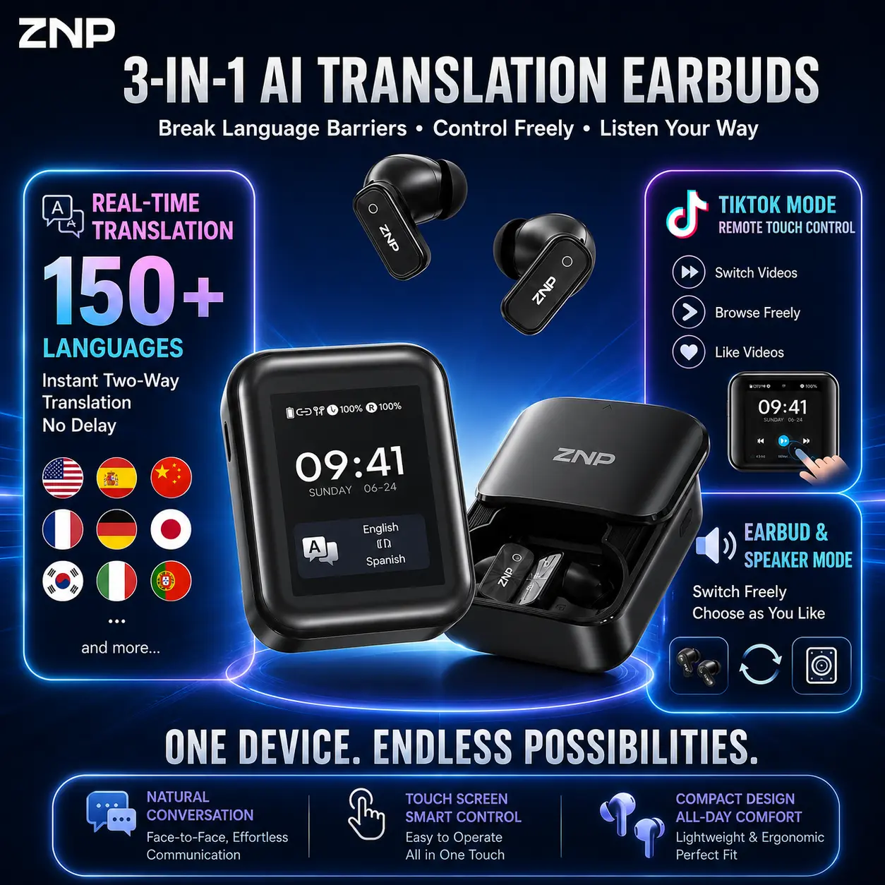 2026 ZNP N07 Smart Translator Earbuds | ANC Noise Cancelling & Real-Time Translation, 2-in-1 Earbud/Speaker, IPX5 Waterproof, TikTok Remote, Touch Control Without Phone, 40H Battery, Universal Compatibility. Ideal for Travel, WFH & Workouts.