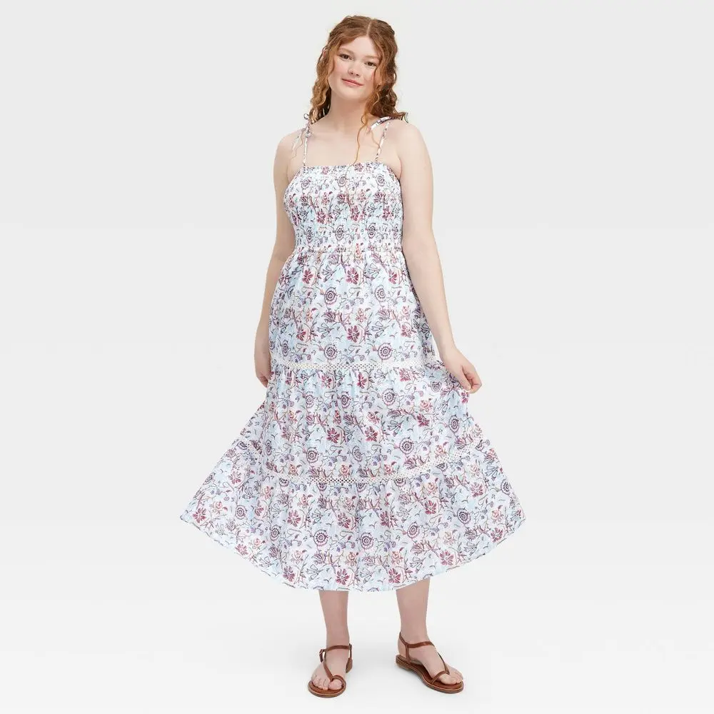 Women's Sketched Floral Tie-Shoulder Tiered Maxi A-Line Dress - Roller Rabbit