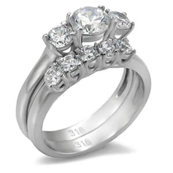 Lanyjewelry Women's Hypo-Allergenic Tarnish Resistant Stainless Steel Bridal Stunning Ring Set - 5x5mm Round-Cut Synthetic Zirconia Accents, Matching Wedding Band, Sizes 5-10 for Adults, Synthetic Zirconia Ring, Tarnish Resistant Ring
