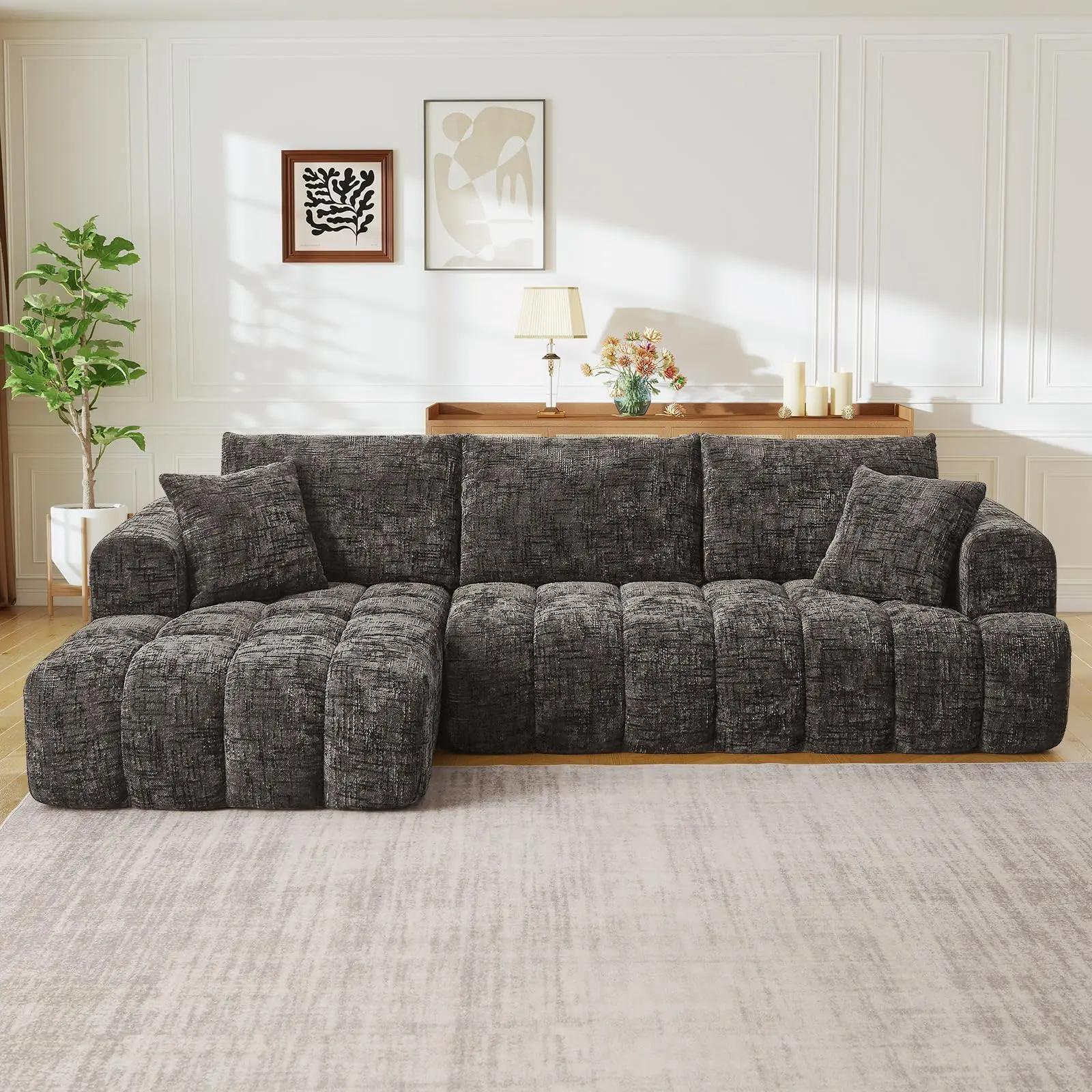 108" W Modular L-Shaped Chenille Tufted Sectional Sofa with Chaise - Cloud Boneless Deep Seat, Modern Compression Foam, No Assembly Required for Living Room Bedroom