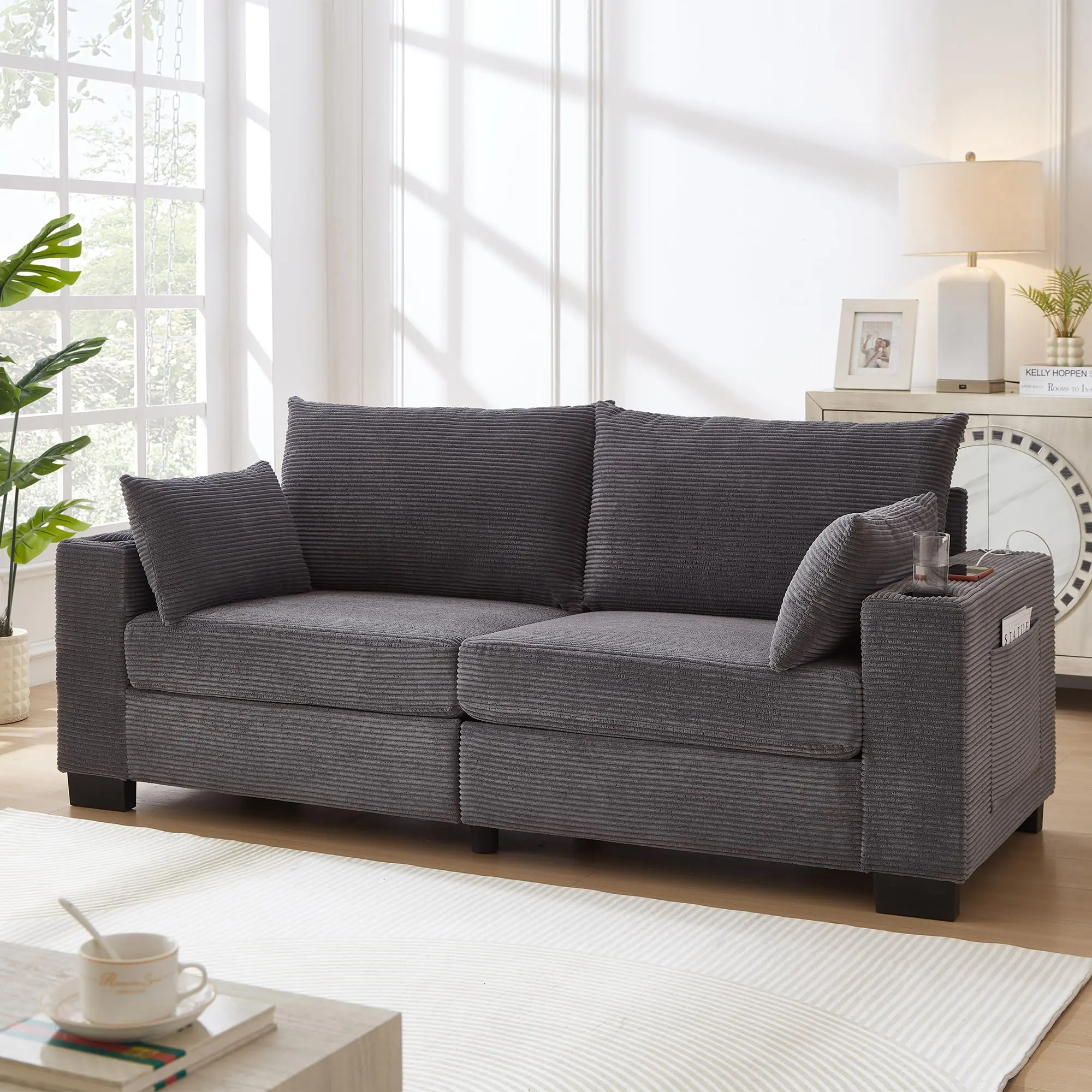 78" Contemporary 3-Seater Corduroy Upholstered Sofa Couch - Deep Seat with USB Charging, Cup Holders, Side Pocket - Office Reception/Waiting Room Furniture (Gray)