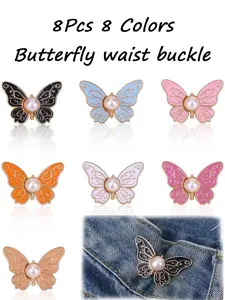 8Pcs 8 Colors No Sew Butterfly Pearl Waist Tightener Jeans Waist Adjuster Pants Tightener Waist Size Reducer | Instant Fix Loose Jeans Oversized Pants Too Big Waistband | 2 in 1 Brooch Detachable Reusable Adjustable Waist Cincher Clips ﻿