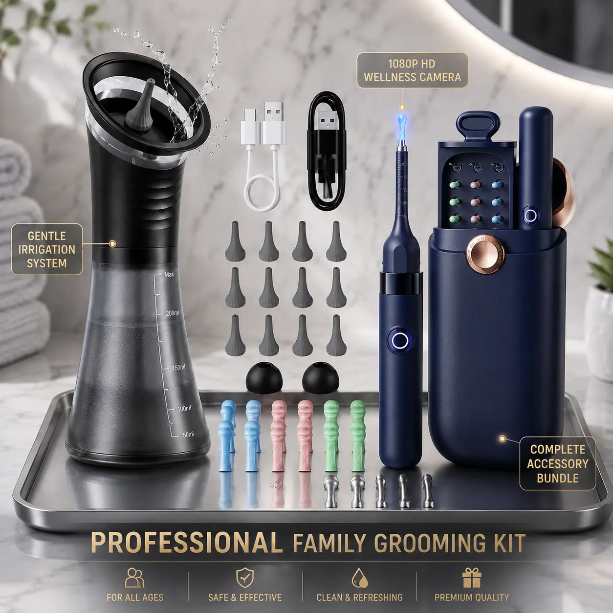 Luxury Otoscope Ear Cleaning Kit with Electric Water Irrigator & HD Camera - Visual Ear Wax & Tonsil Stone Remover with Gentle Silicone Tools, Waterproof Hygiene Gift Set, Water Proof, Ear Wax Removals