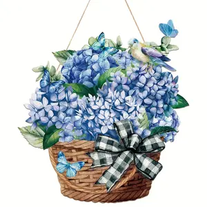 Blue Hydrangea Butterfly Wall Decor, Farmhouse Country Style Hanging Ornament, Indoor Outdoor Wall Decoration 11.81x11.81 Inches