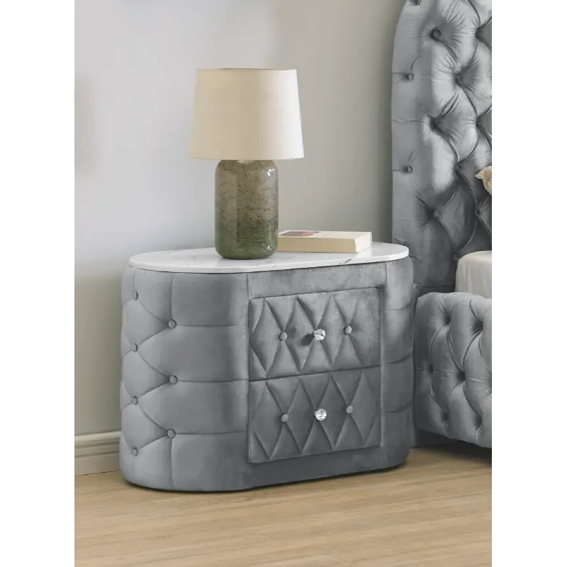 1pc Oval Faux Marble Top Nightstand 2- Drawers Storage Gray Finish Button Tufted Faux Crystal Tufted
