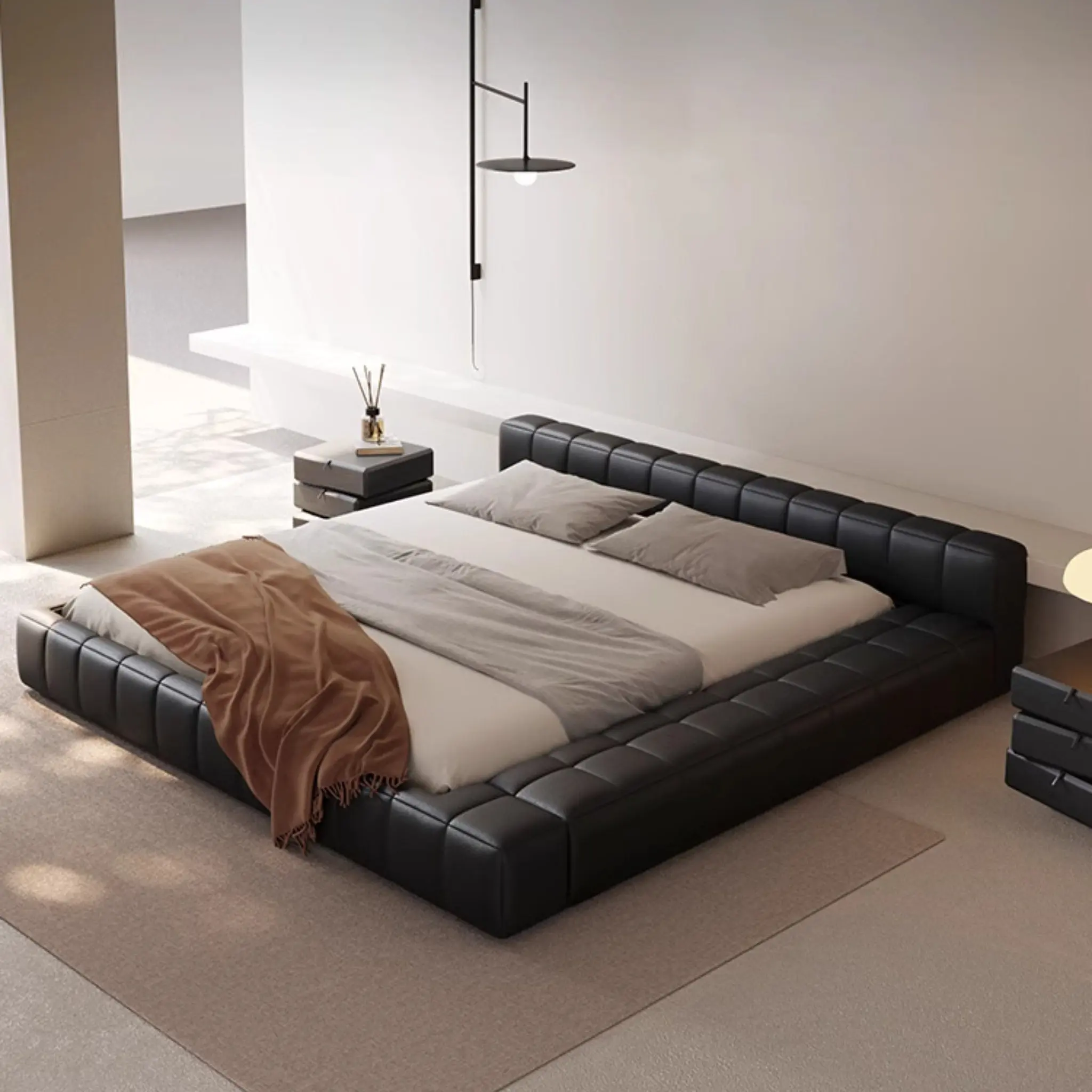 Modern Leather Upholstered Bed Frame with Headboard
