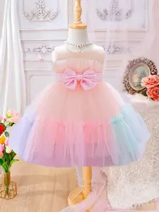 Baby Girl's Colorblock Bow Decor Ruffle Hem Tutu Dress, Cute Romantic Sleeveless Round Neck Dress for Party Wedding Guest, Infant Toddler Kids Clothes for All Seasons
