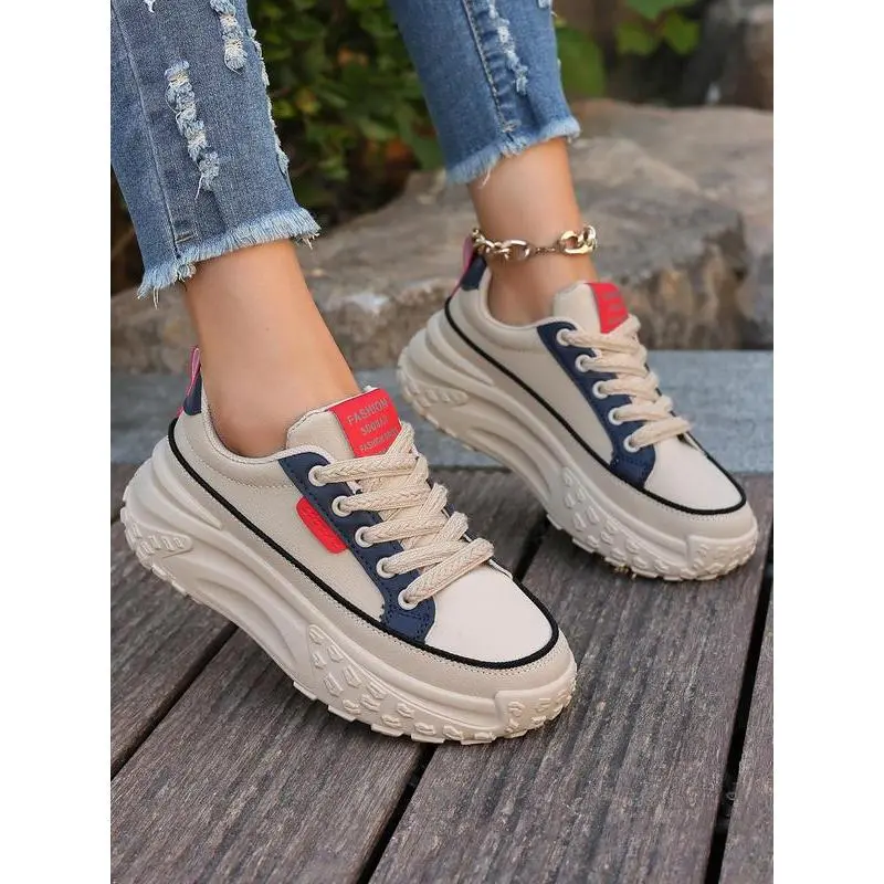 YYW1 (New)Women's Fashionable Lace Up Platform Sneakers, Casual Comfortable Breathable Shoes, Female All-match Round Toe Chunky Sneakers Daily Life