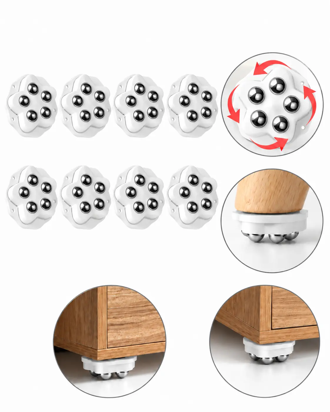 8-Pack 360° Swivel Furniture Wheels 5-Ball Universal Caster Rollers with Self-Adhesive Base for Cabinets Storage Bins Drawers & Furniture Smooth Moving Wheels