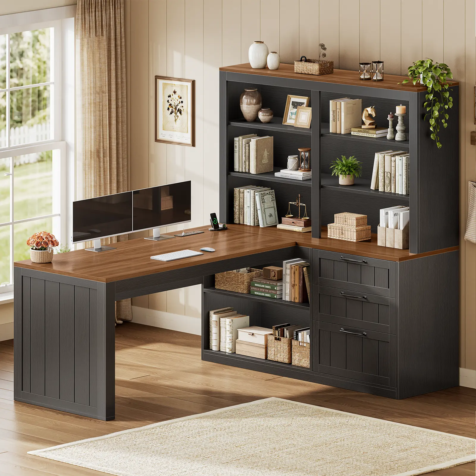 SEDETA 59" Farmhouse L-Shaped Corner Computer Desk - Stable Workstation, Apartment Office Furniture with Groove Detail, 3 Drawers, 5-Tier Bookshelf, Power Outlet, Computer Desk Stand for Small Spaces (Dual Monitor, Gaming, Streamer Setups), L Shaped Desk