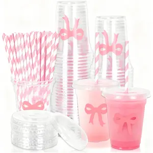 20 Bow Plastic Disposable Cups with Lids and Straws (12 Oz), Cute Party Drinkware for Bridal Shower, Baby Shower, Birthday, Girl Theme Celebrations, Party Supplies