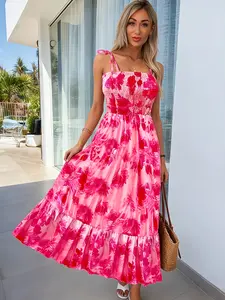 Smocked Spaghetti Strap Floral Maxi Dress，Boho Sleeveless Sundress For Holiday，Lightweight Sleeveless Tiered Long Dress For Women， Beach Vacation dress，party dress, Flowy  Summer Sundress，daily Casual Womenswear