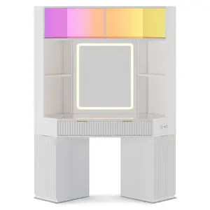 SIKAIC White Fluted Modern Makeup Vanity Desk - Sound-Sync LED Lights, Glass Top, Indoor Furniture Piece, Fluted Vanity Desk, Modern Vanity Table