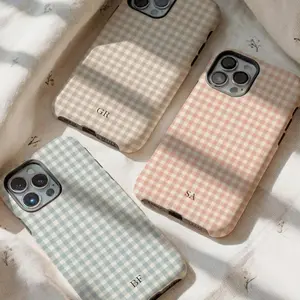 Boho Gingham Personalized Monogram Smartphone Case, Initials Cellphone Casing, Shockproof Protective Handheld Phone Accessory for iPhone 17,16,15,14,13,12,11,SS & Samsung S25,S24,S23