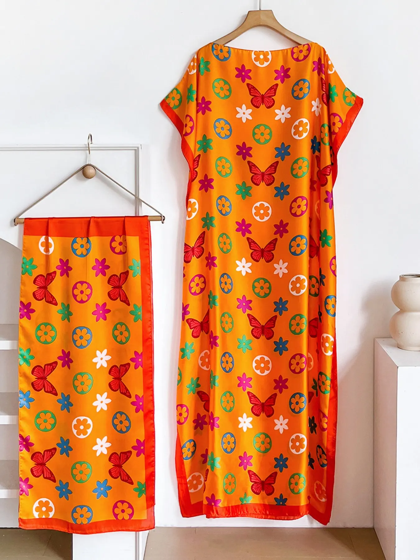 Women's Floral Print Long Dress and Scarf Set, Casual Lightweight Shawl Dress and Scarf Set, Beach Vacation Wear, Four-Season Ladies Clothing