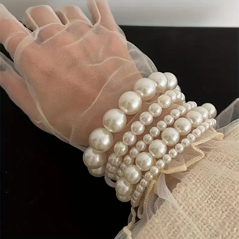 5pcs acrylic faux pearl bracelets, elegant French romantic set, vintage style multi-layer beaded stackable jewelry set, perfect gift for friends and family