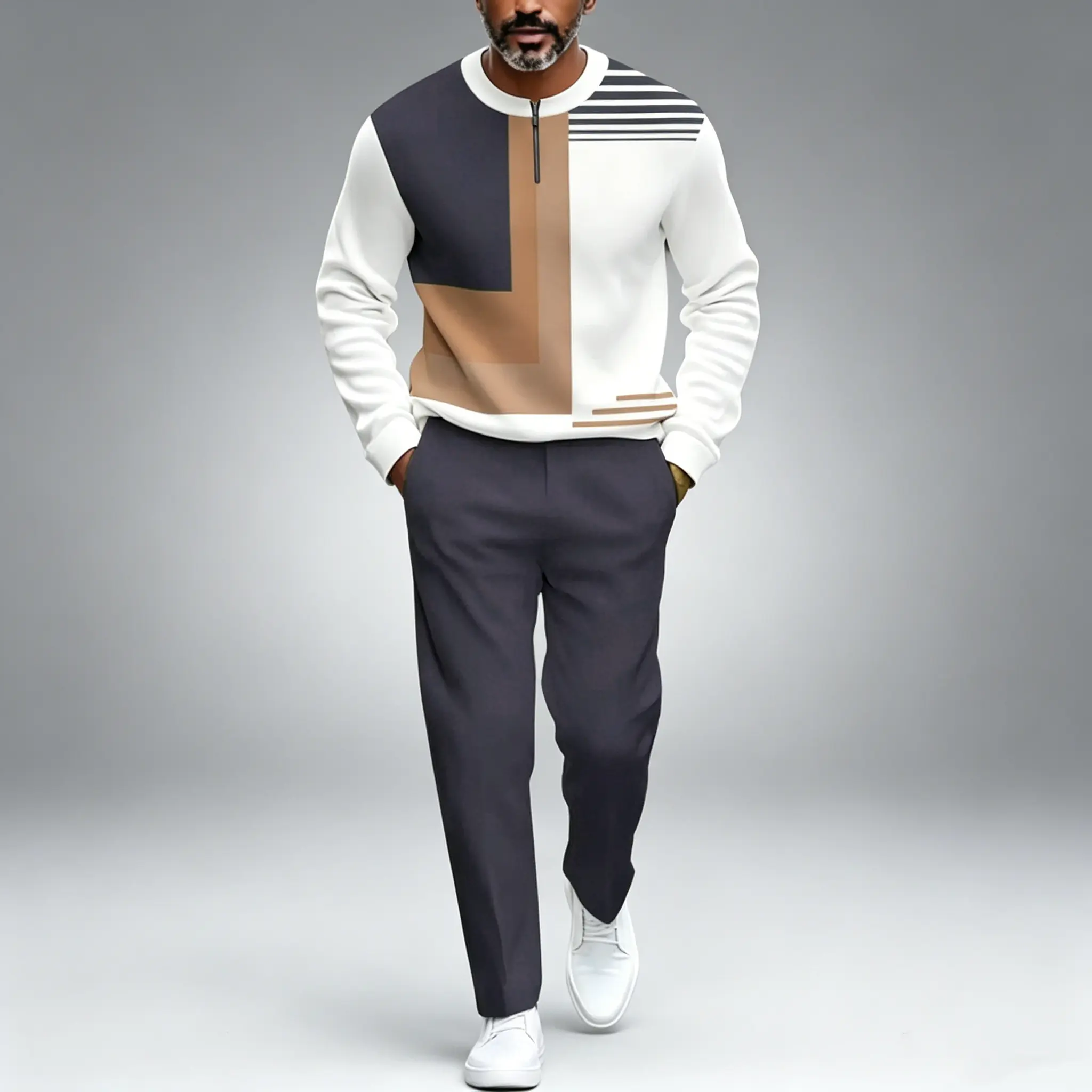 New men's 2-piece simple and versatile casual set for 2026, featuring a personalized geometric color blocked men's half zipper top and men's solid color casual loose straight leg pants, suitable for daily commuting