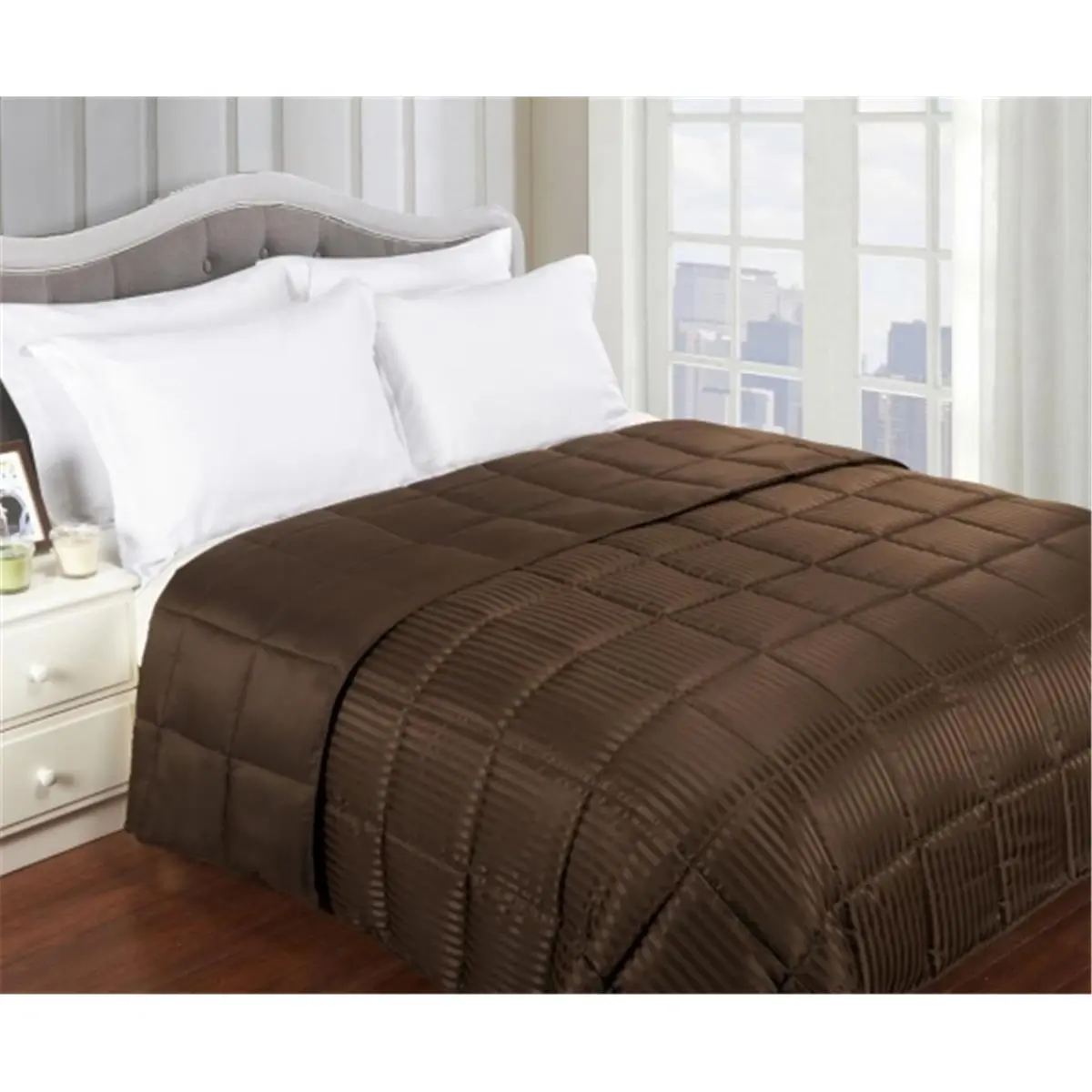 212 MAIN King-Size Chocolate Down Alternative Lightweight Cozy Blanket - Reversible, Hypoallergenic, Solid Stripe Design, All-Season Bedding Bedspread for Night Warmth