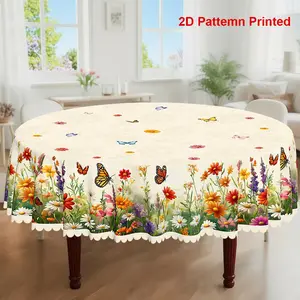 1pc, Spring Summer Themed Party Tablecloth, Butterfly Daisy Floral Printed Design, Rectangular/Round/Oval Table Cloth, Embossed Edge, Suitable For Picnic Dinner Kitchen Dining Room Decoration