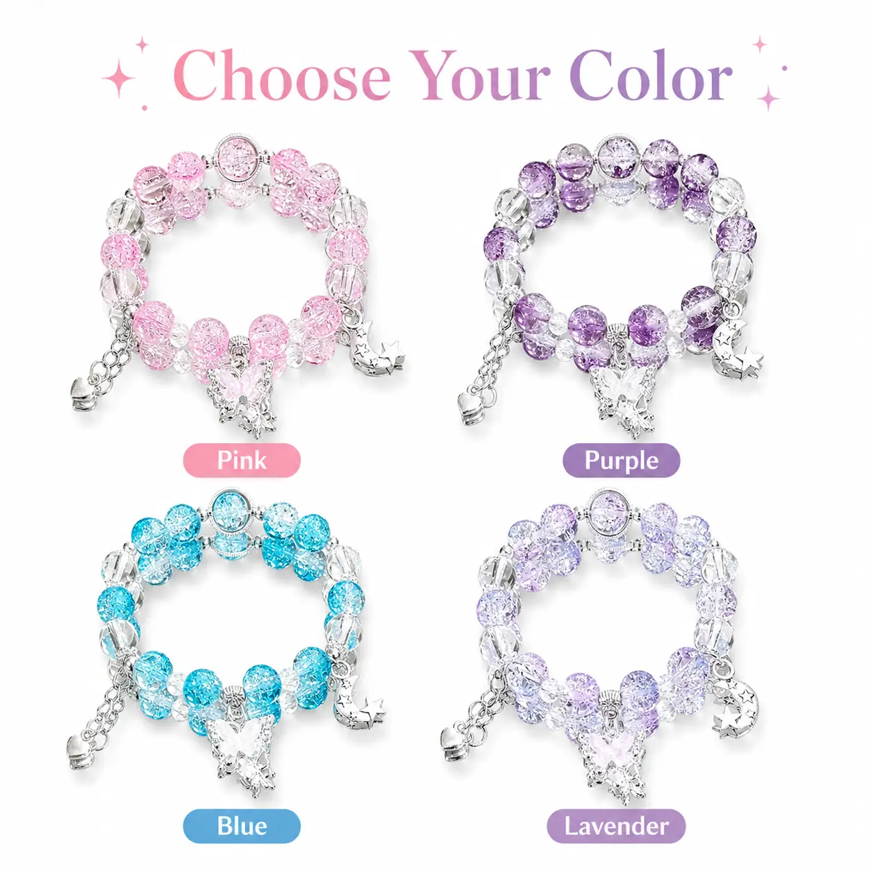 Women's Sparkling Double-Layer Crackle Bead Butterfly Bracelet - Moon & Star Charm Stretch Bracelet with Colorful Crystal-Look Design, Statement Jewelry for Everyday Wear, Birthday Gift, Bracelets