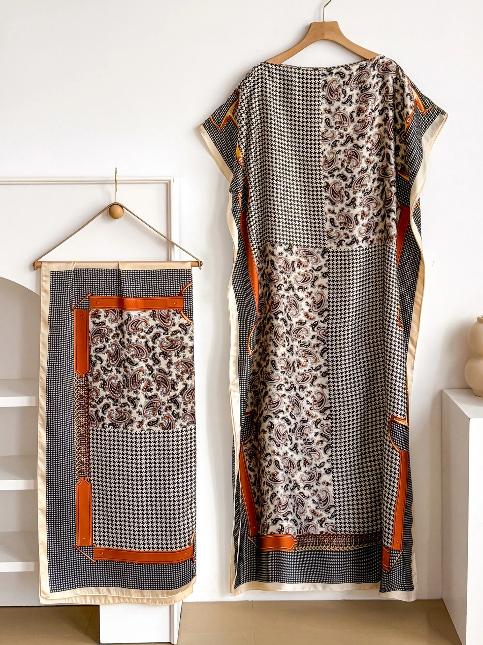 Elegant Boho Bohemian Style Casual Robe Set Outfits with Paisley & Houndstooth Shawl, Moomoo Long Dress + Headscarf, Beach Sun Protection Silk Scarf for Women, Matching