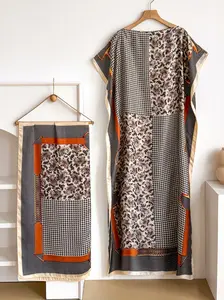 Elegant Boho Style Casual Robe Set with Paisley & Houndstooth Shawl, Moomoo Long Dress + Headscarf, Beach Sun Protection Silk Scarf for Women, Matching