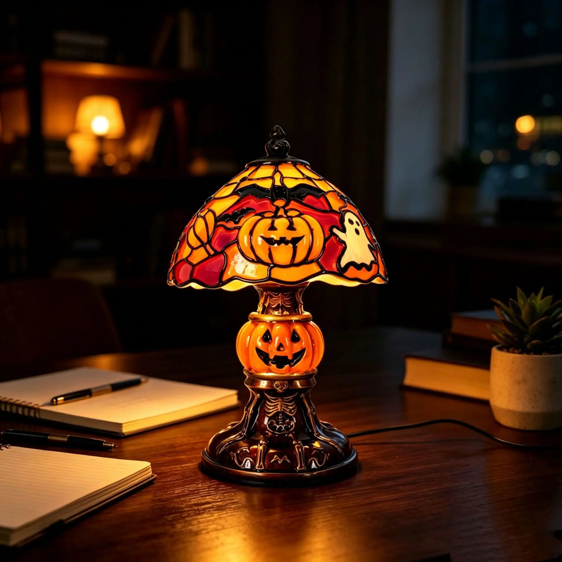 Vintage Gothic Resin Table Lamps - Halloween Decor with Pumpkin, Ghost, Bat, Black Cat & Witch Designs, Night Light for Party Use, Home Decor Gift