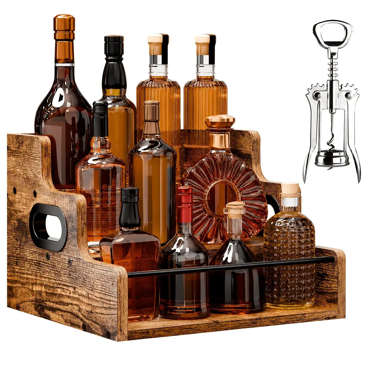 3-Tier Countertop Liquor and Wine Rack+bottle Opener, Solid Wood Liquor Bottle Display Shelf, Coffee Syrup Rack Organizer, Bar, Liquor Cabinet, Home Bar Shelf Stand for Liquor, Whiskey, Spirits, and Spices