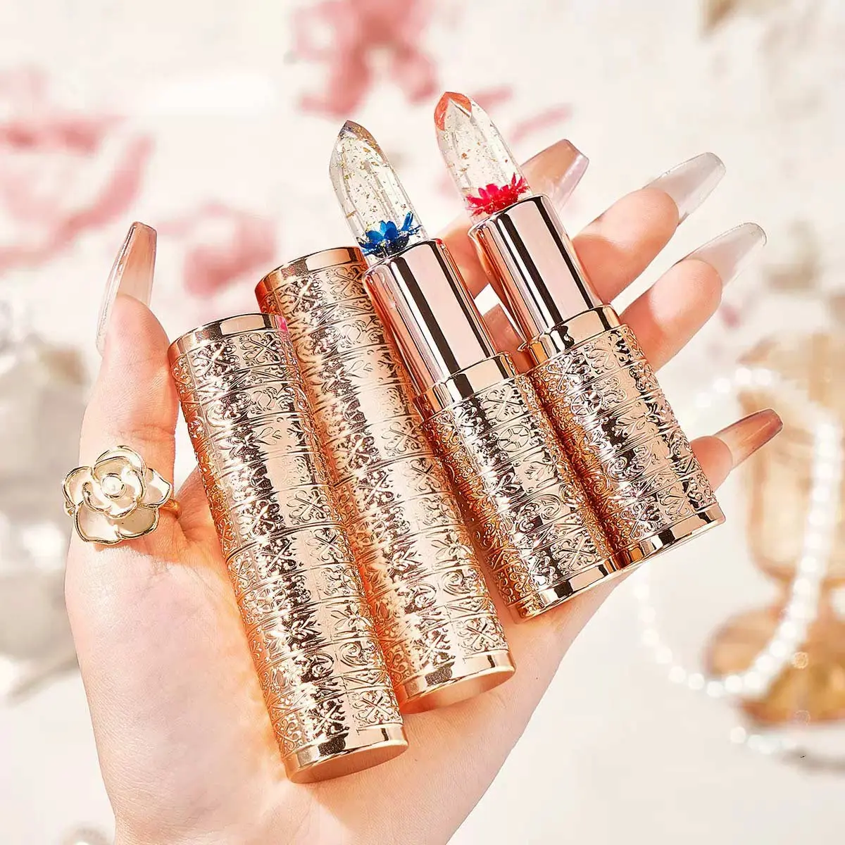 Transparent Petal Color Changing Lipstick Makeup Set Waterproof Long Lasting Moisturizing Lip Tint Temperature Changing Lip Glossy Cosmetic