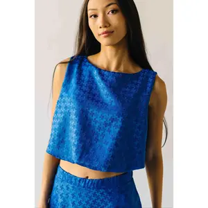 The Bronson Houndstooth Bubble Blouse in Blue