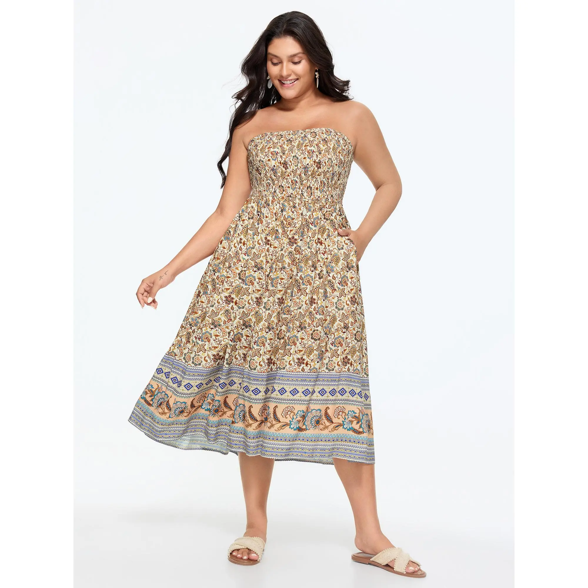 BLOOMCHIC Women's Plus Size Bohemian Floral Print Sleeveless Multicolor Contrast Casual Midi Curvy Dress [M-6X] - 2026 Spotlight, Summer, Smooth Rayon Fabric, Flattering Fit, Pull-On, Side Pocket, Low Iron, Cold Wash, Do Not Tumble Dry, 14-16/1X, 18-20/2X