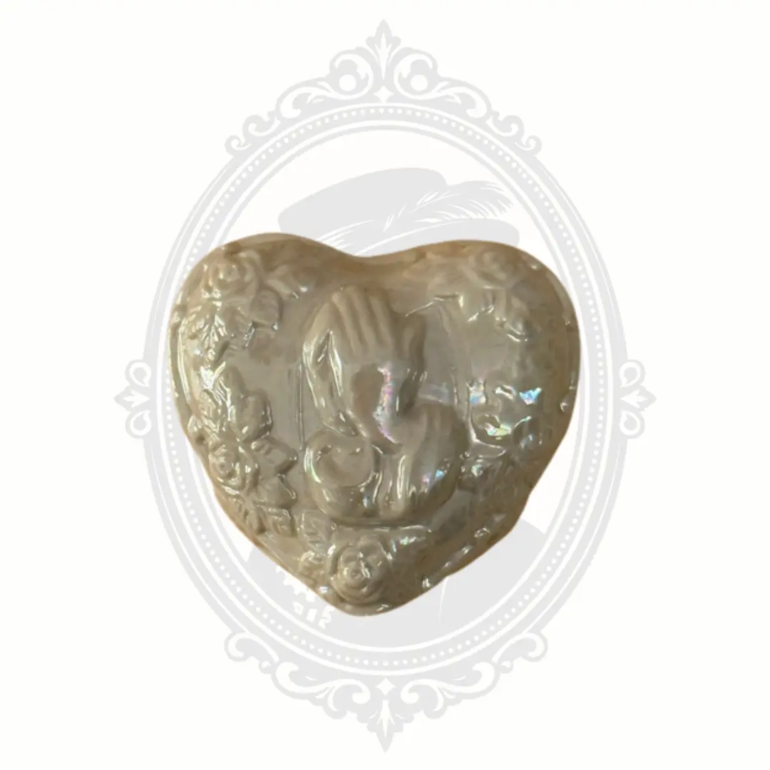Vintage Heart Shaped Ceramic Trinket Box with Praying Hands & Roses Pearlescent Finish