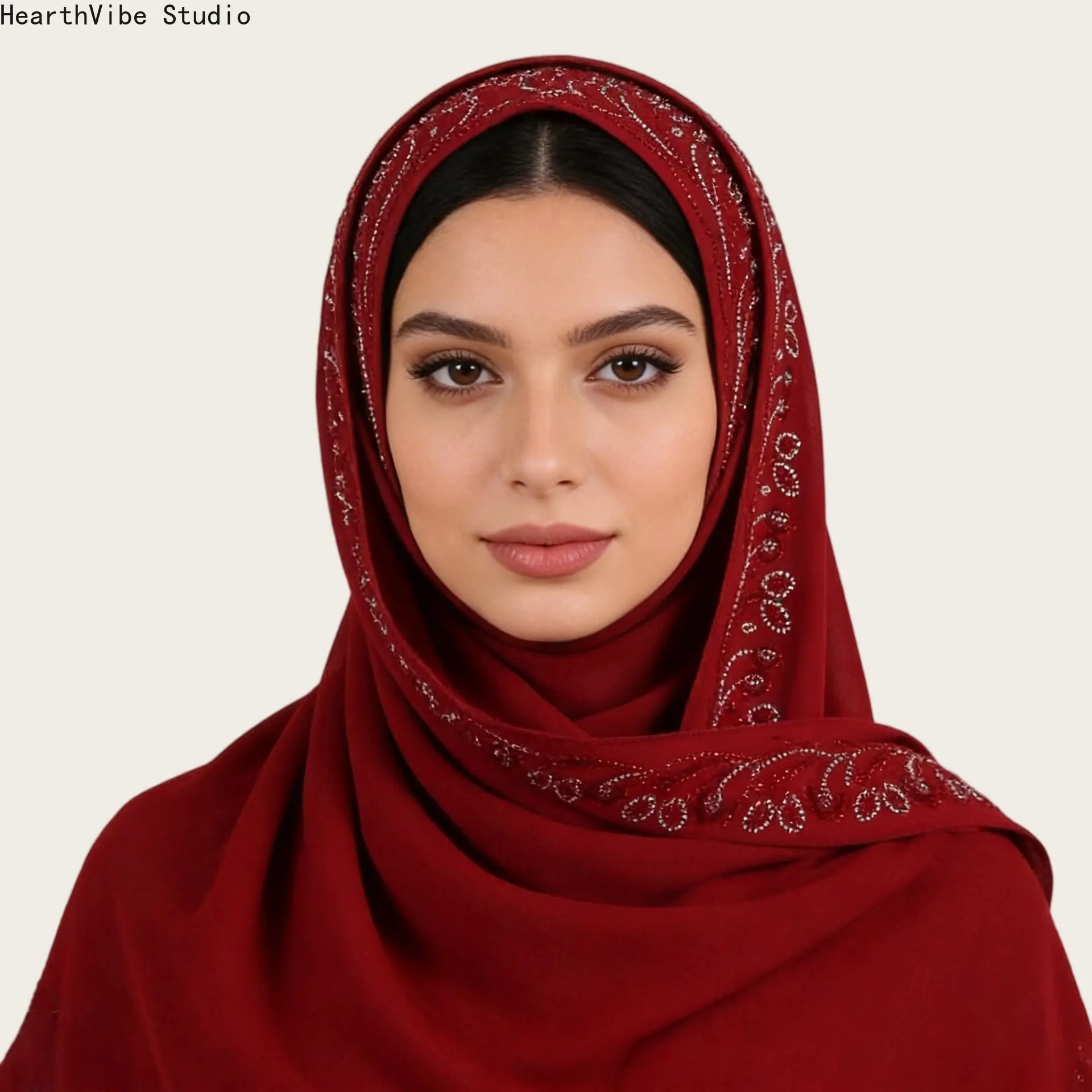 Maroon Plisse Chiffon Shawl for Women, Premium Soft Breathable Headscarf with Luxury Crystal Rhinestones for Modest Muslim Activewear & Gala Party, Women's, Safe Prop 65, Soft Chiffon, Eid & Gala Party
