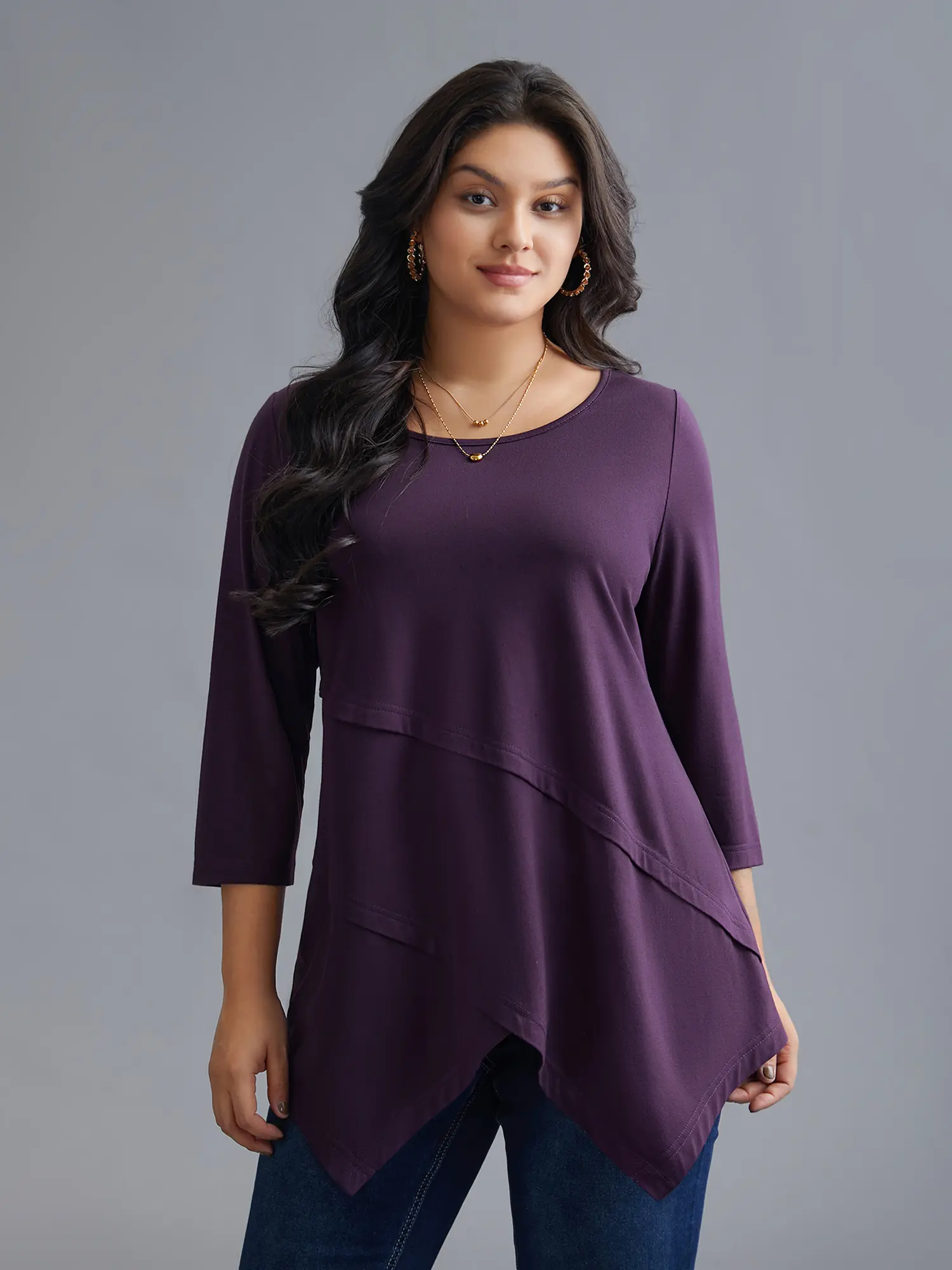 Women's Plus Size Spandex Fabric T-Shirt - Long Sleeve Garment, Minimalist Basic Fit, Asymmetrical Hem Overlap Design, Sizes M-6X, 2026 Summerfinds Womenswear Top,Summerfinds
