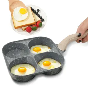 Non-stick Hole Design Egg Frying Pan, 4 Hole Skillet with Handle, Wooden Handle Stone Omelet Non-stick Cookware, Breakfast Pancake Pan, Kitchen Gadgets for Gas and Induction Cooktops. White aluminum omelette Nonstick Stove