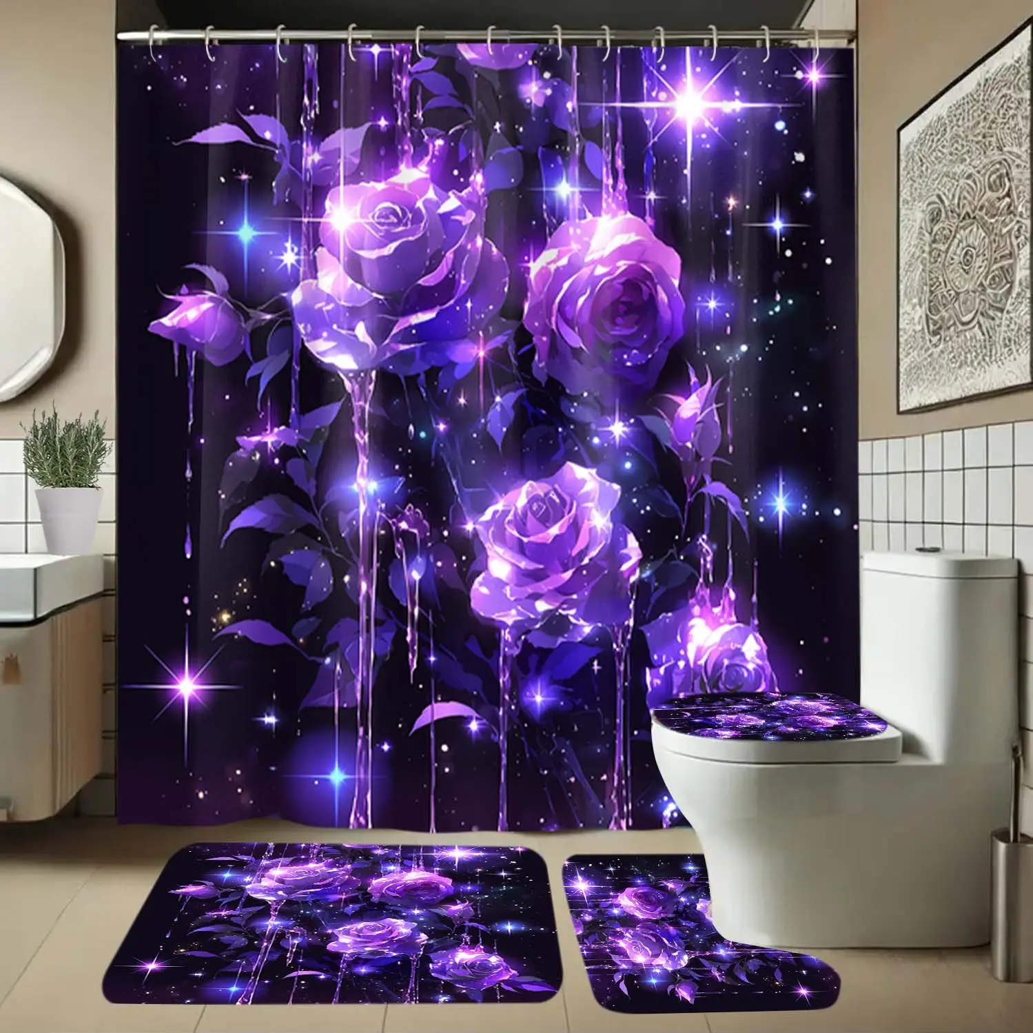 1/4 piece shower curtain set with purple floral pattern including shower curtain and carpet, suitable for bathroom decoration, equipped with hooks, anti slip shower pad, U-shaped toilet seat cushion, Bathroom Accessory