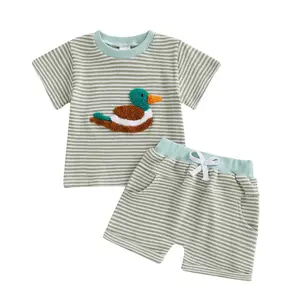 Toddler Baby Boys Two Piece Outfit Mallard Duck Waffle Knit Striped T Shirt Tops and Shorts Country Farm Summer Clothes