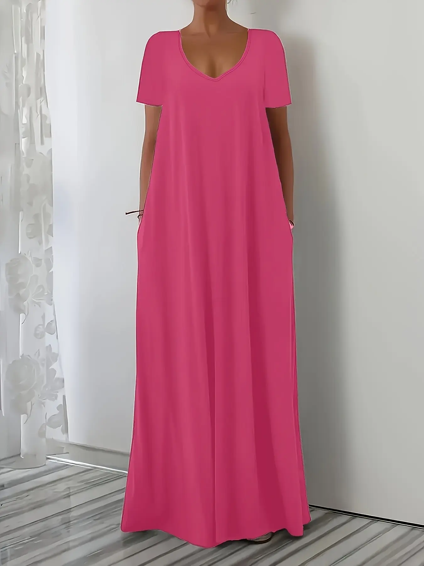 Summer New Long Dress Casual Loose Short Sleeve Pure Color V Neck Slim Fit Dress, Women's Fashion Clothing, Comfortable and Stylish, Solid, Basic, Womenswear, Elegance, Casual Chic Dress
