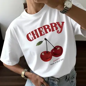 Cherry Pattern And Letter Printed T-Shirt, Round Neck Short Sleeve Casual Top, Suitable For Women Spring