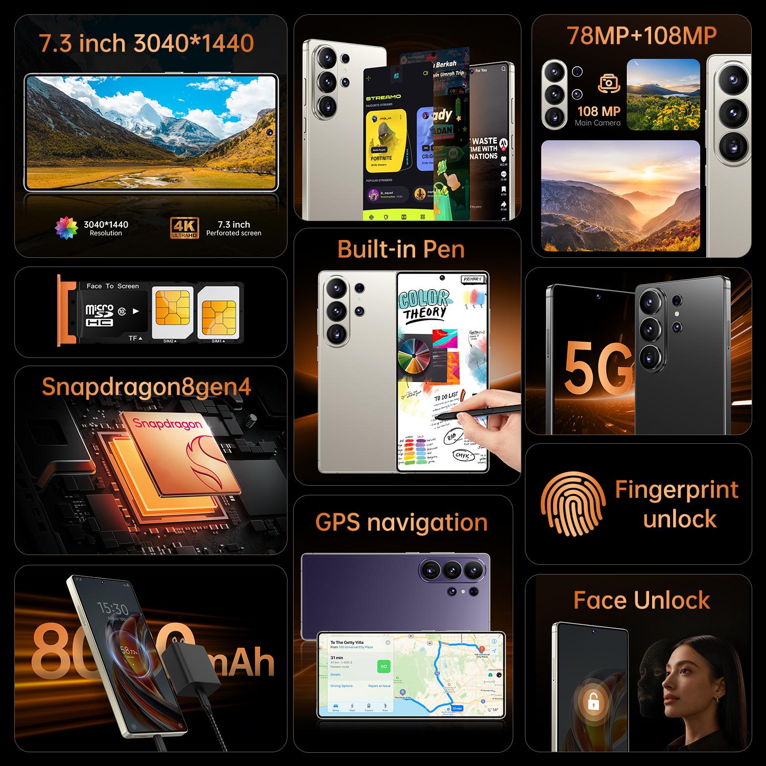 2026 Latest S26 Ultra 5G Android 15 Phone, 12GB+512GB, 6.99" HD Display, 78MP+108MP Dual Cam, 8000mAh, Face ID, Built-in Pen, Case & Screen Protector