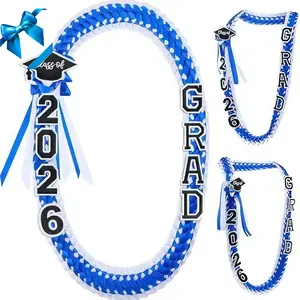 2026 Graduation Lei For Him And Her Hand-Woven Blue Braided Ribbon With Grad Letters Cap Charm Adjustable Money Lei With Safety Pins For Ceremony Party Favors