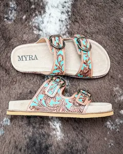 Myra Bag Women's Leather Flat Footwear, Meadow Sky Western Hand-Tooled Shoes
