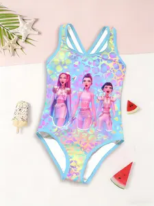 Girls Kpop Demon Hunters One-Piece Swimsuit, Colorful Leopard Pattern Cross Back Strap Sleeveless Swimwear, Casual Fashion Beach Pool Water Sports Swimsuit Style Swimwear Outfits